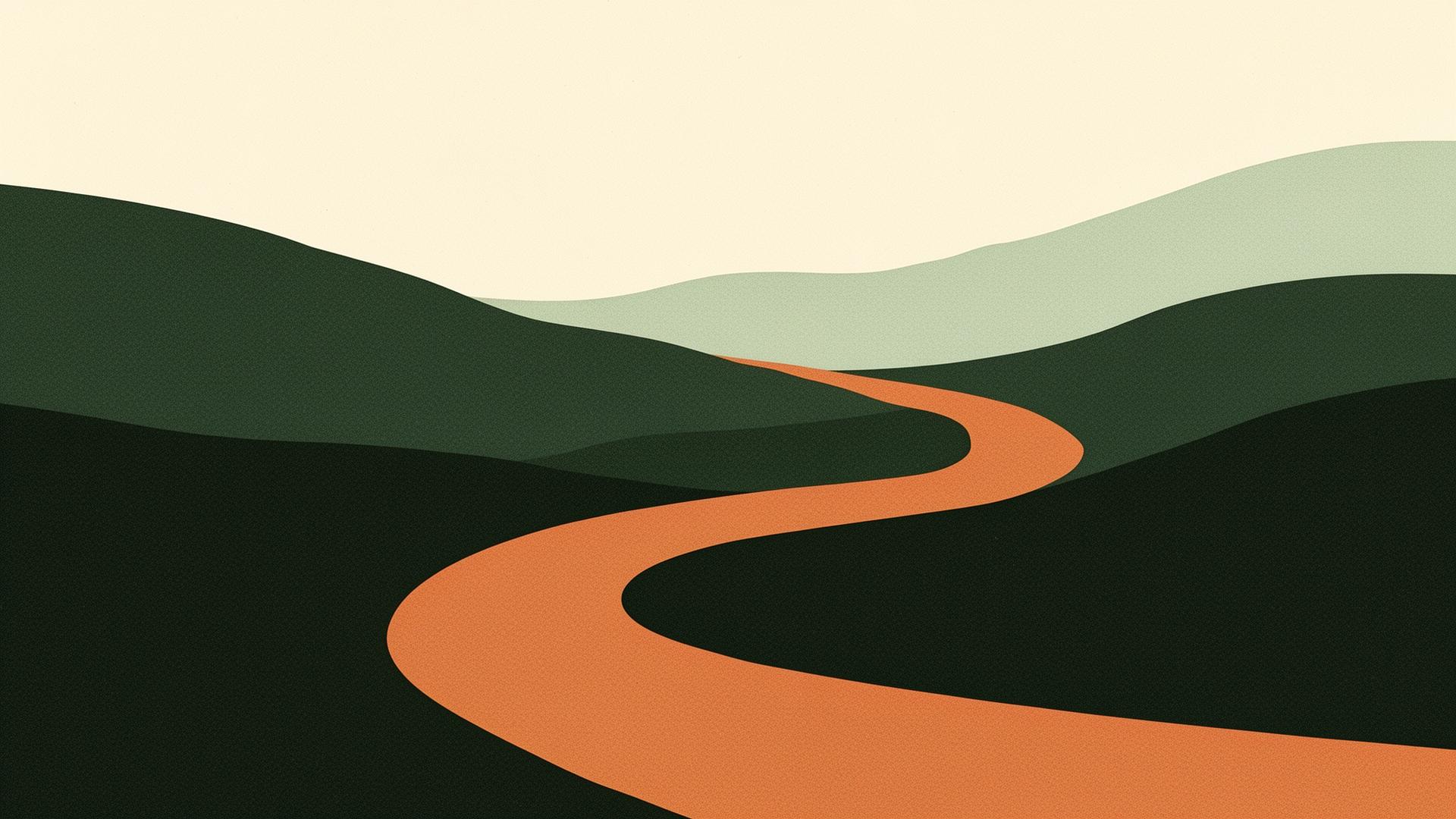 A winding terracotta path curving through layered forest hills toward the horizon